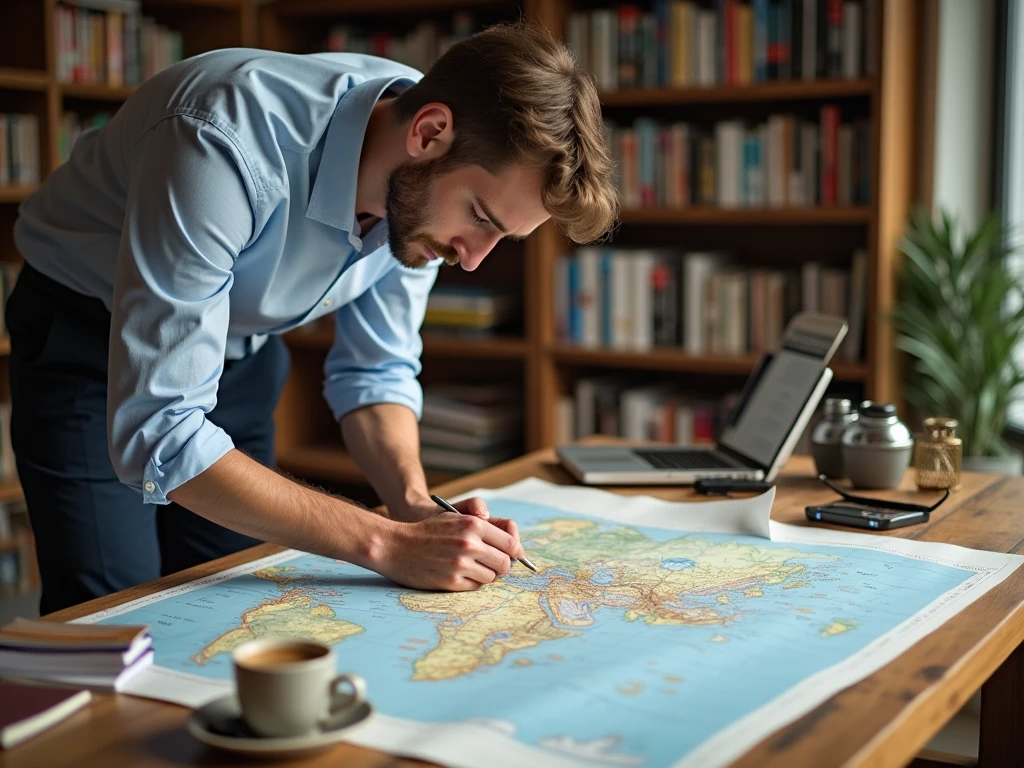 Matkasuunnittelun ammattilainen työskentelemässä kartan äärellä Besteucollection toimistossa