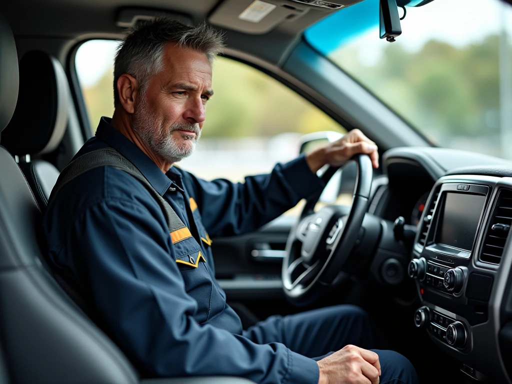 Ammattimainen kuljettaja tarkistamassa ajoneuvon turvallisuutta Besteucollection palvelussa