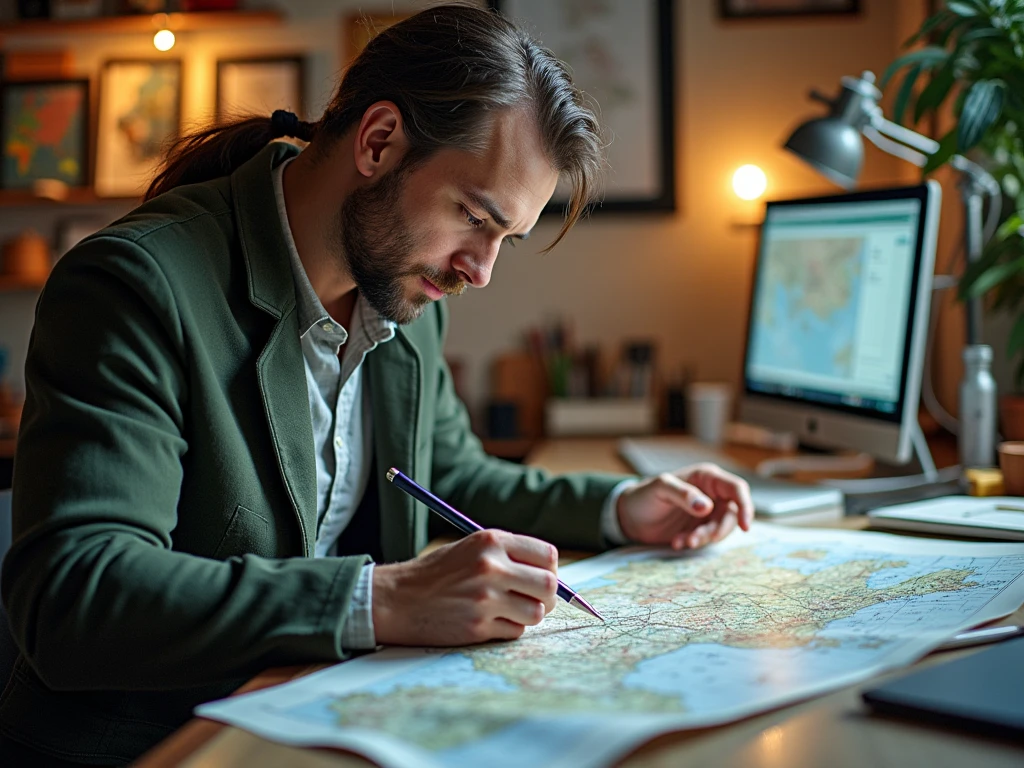 Besteucollection asiantuntija suunnittelemassa asiakkaan matkaa kartalla ja tietokoneella